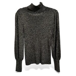 Ann Taylor Factory Black Gold Metallic Turtleneck Sweater Lantern Sleeve